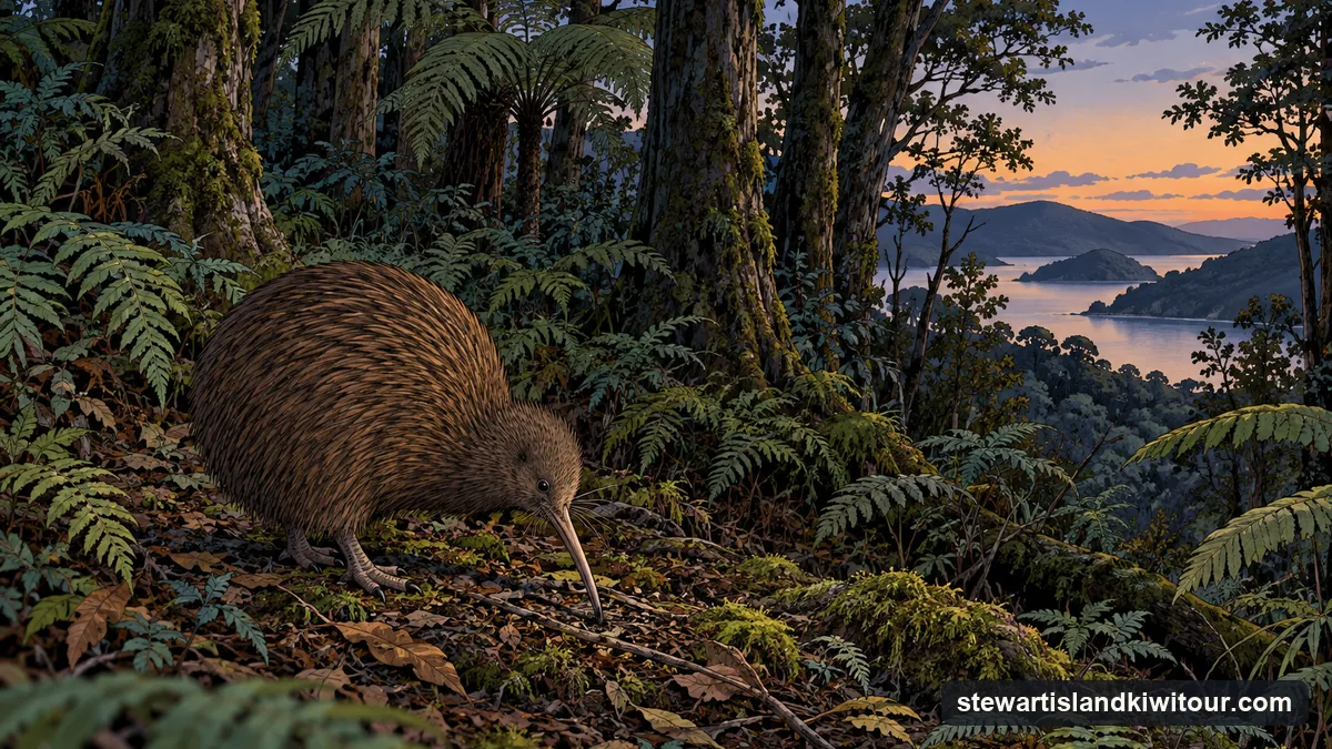 Illustration: a brown kiwi foraging on a forest floor of ferns and moss at dusk, its long beak probing the leaf litter, seen from a respectful distance