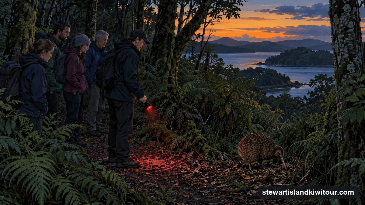 Illustration: a small group in dark rain jackets standing still on a forest track at dusk, a guide in front holding a torch pointed at the ground, a brown kiwi probing the leaf litter at the edge of the track