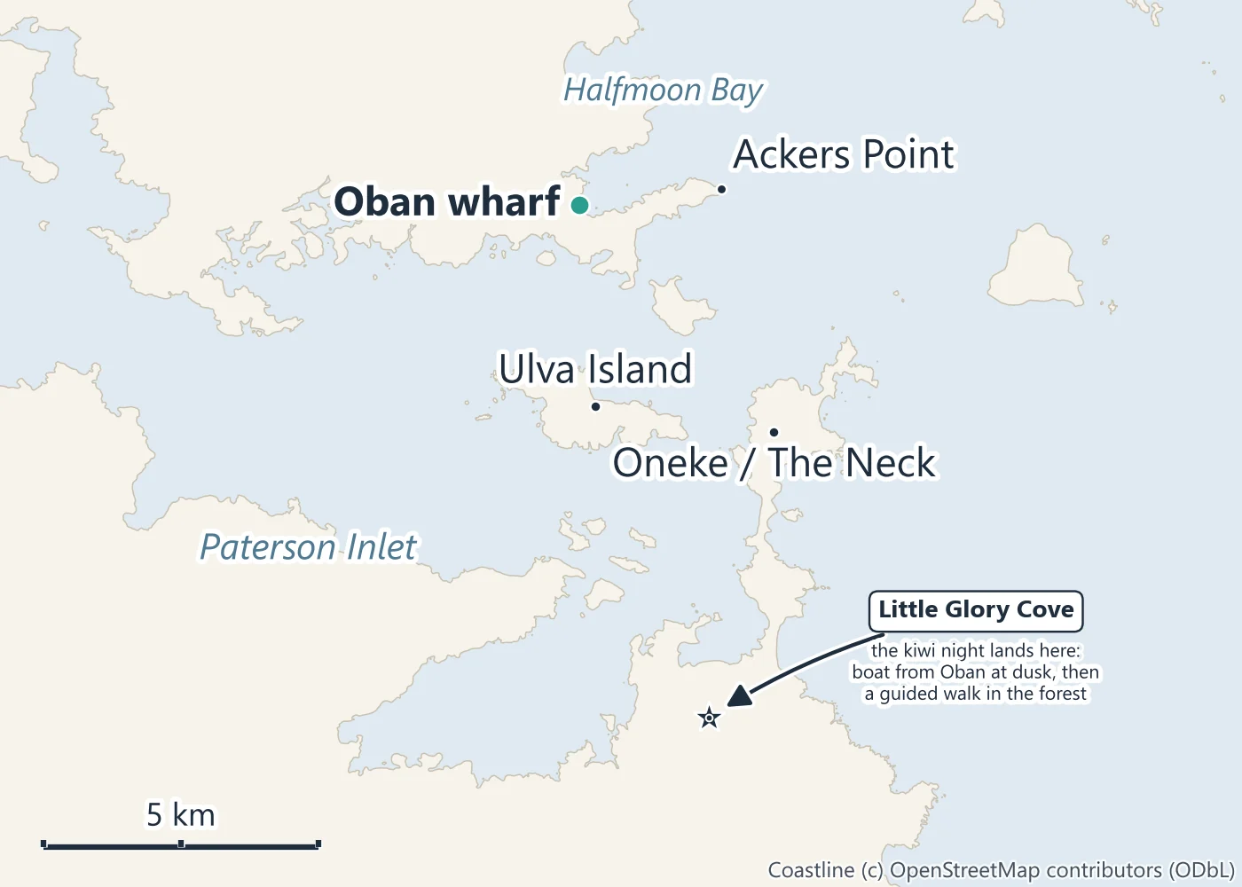 Map of the kiwi night around Oban: Oban wharf on Halfmoon Bay, Ackers Point, Ulva Island in Paterson Inlet, Oneke / The Neck, and Little Glory Cove to the south, where the kiwi night lands