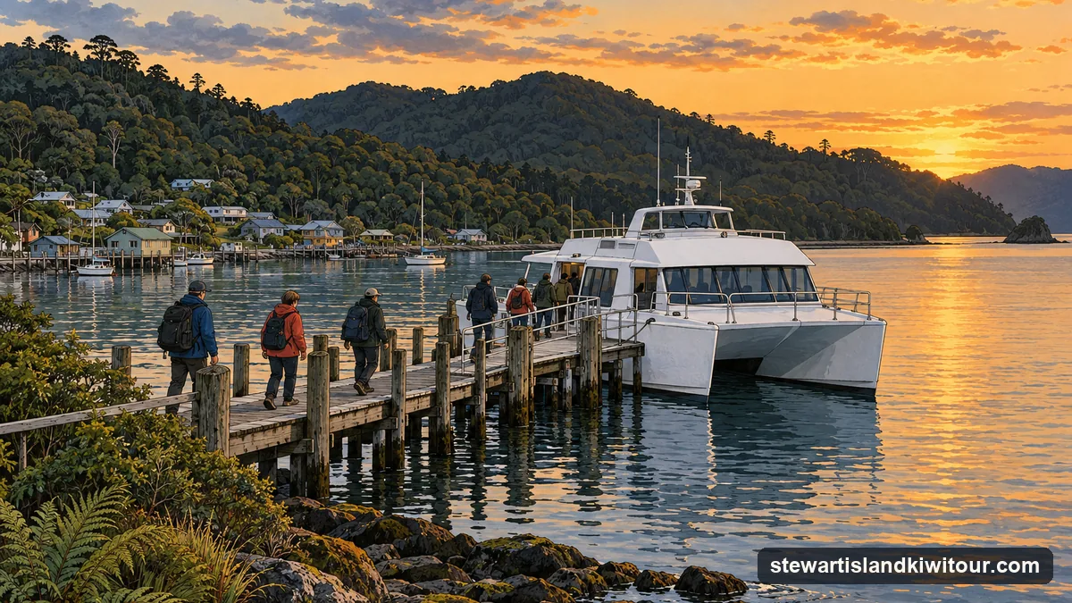 Illustration: a white catamaran tied up at a small wooden wharf in a sheltered bay at early evening, visitors in rain jackets walking down the wharf to board, low forested hills and a few houses behind