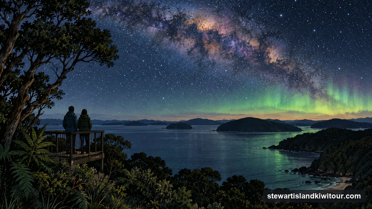 Illustration: the Milky Way over a dark bay from a low headland, a green glow of aurora on the southern horizon as a camera records it, the silhouettes of two people standing on a small wooden viewing platform