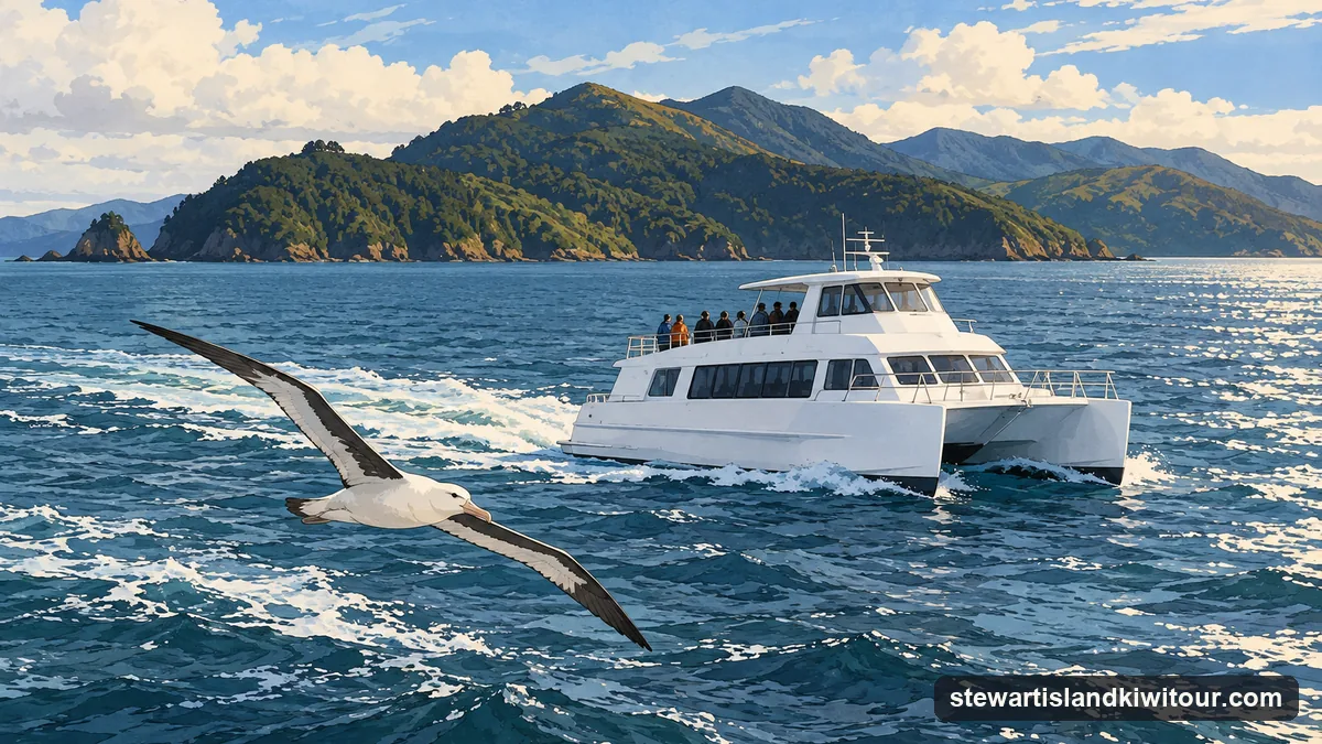 Illustration: a white passenger catamaran crossing a grey-blue strait in daylight, an albatross gliding low behind its wake, the hills of a large forested island on the horizon