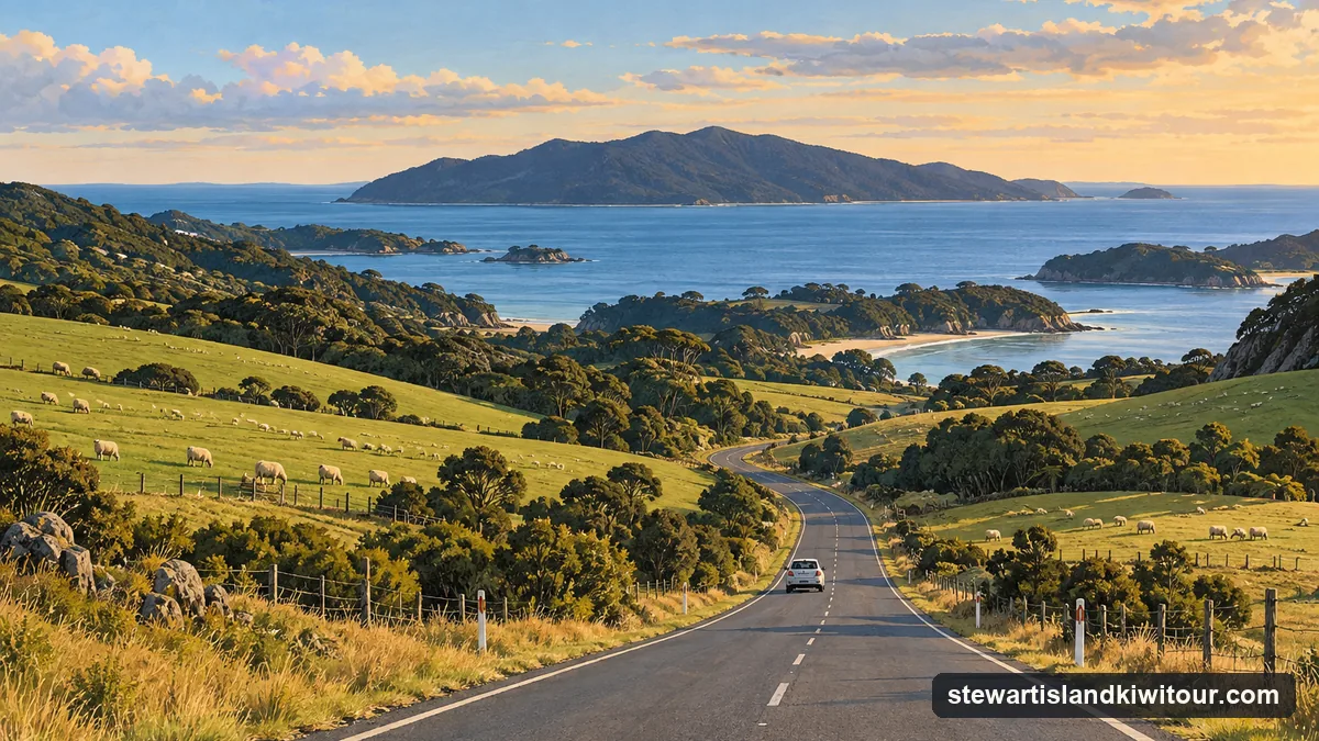 Illustration: a quiet two-lane road running south through rolling green farmland in late afternoon light, a small car on the road, low hills and a glimpse of the sea and a large island on the horizon