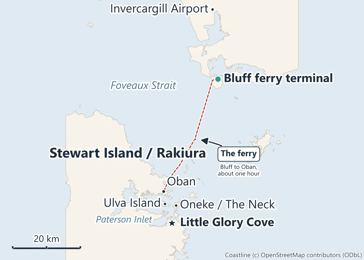 Map of Stewart Island and Foveaux Strait: the ferry from Bluff ferry terminal to Oban, Invercargill Airport to the north, Ulva Island in Paterson Inlet, Oneke / The Neck and Little Glory Cove, where the kiwi night lands