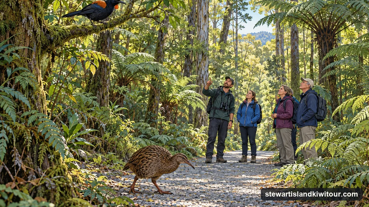 Illustration: a gravel track through tall podocarp forest with ferns, a South Island saddleback on a low branch and a weka on the path, a small group with a guide watching quietly in daylight