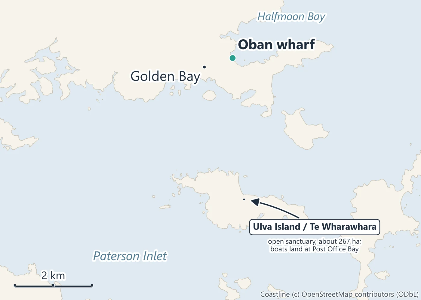 Map of Ulva Island / Te Wharawhara in Paterson Inlet, with Oban wharf and Golden Bay on Stewart Island to the north and Halfmoon Bay beyond