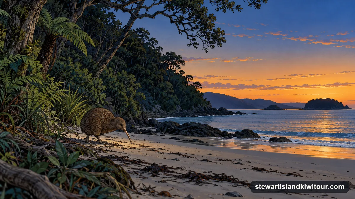 Illustration: a brown kiwi stepping out of dark coastal forest onto the top of a sandy beach at dusk, seen from a distance, the sea and a fading orange sky behind